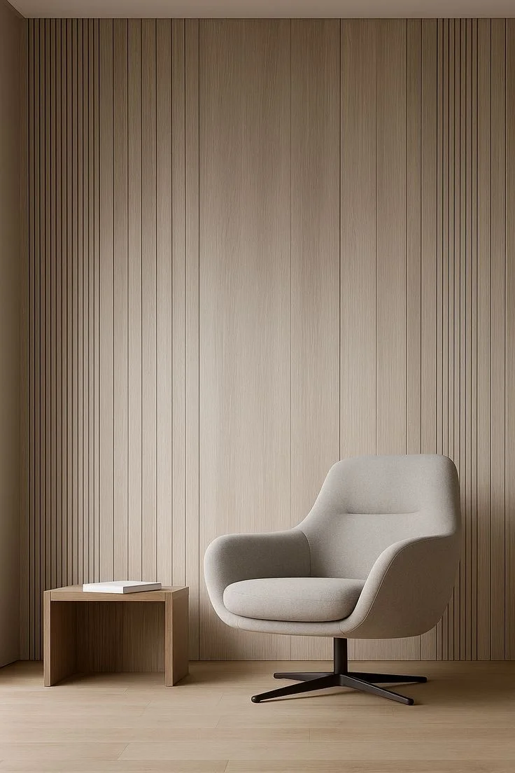 Alcôve en panneaux lattés et fauteuil contemporain
