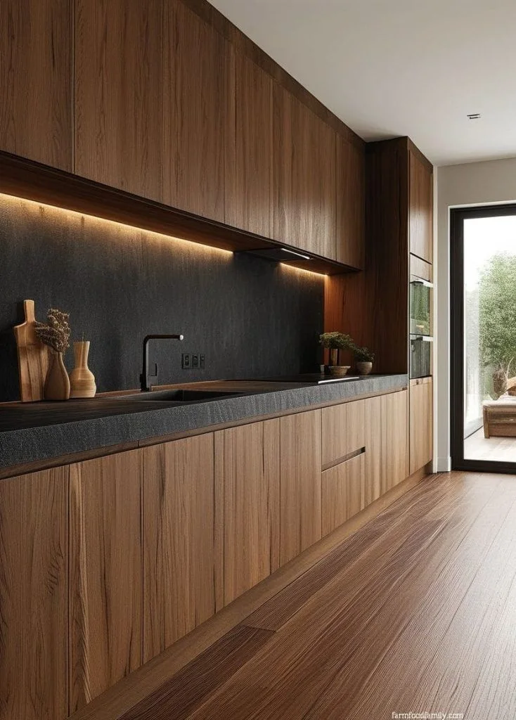 Cuisine en bois brun avec plan de travail foncé