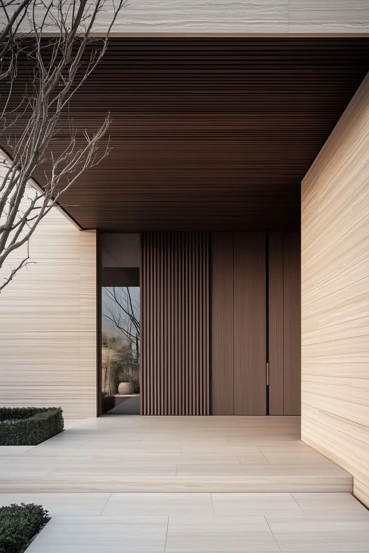 Entrée contemporaine avec habillage extérieur latté
