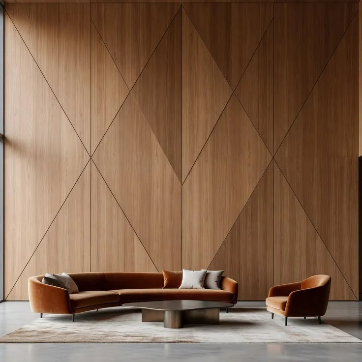 Habillage mural géométrique en bois dans un salon