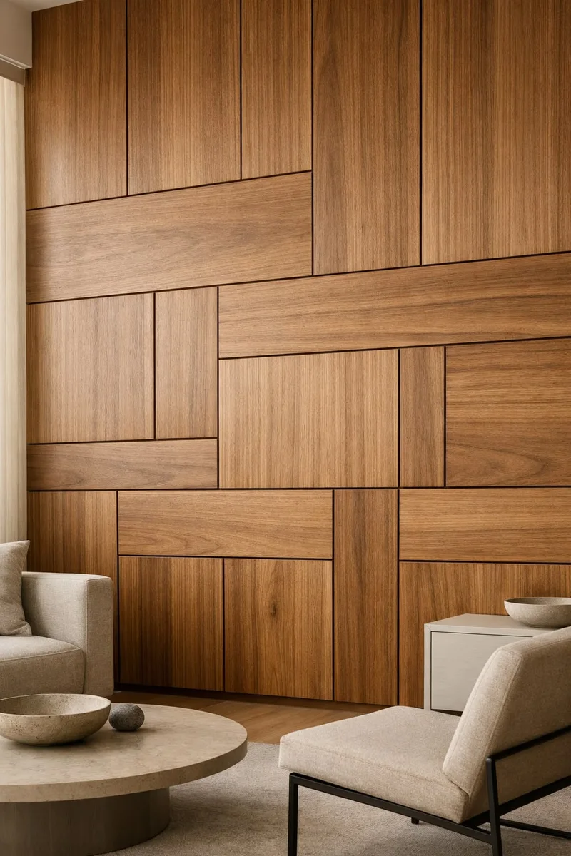 Salon avec composition murale en bois sur mesure