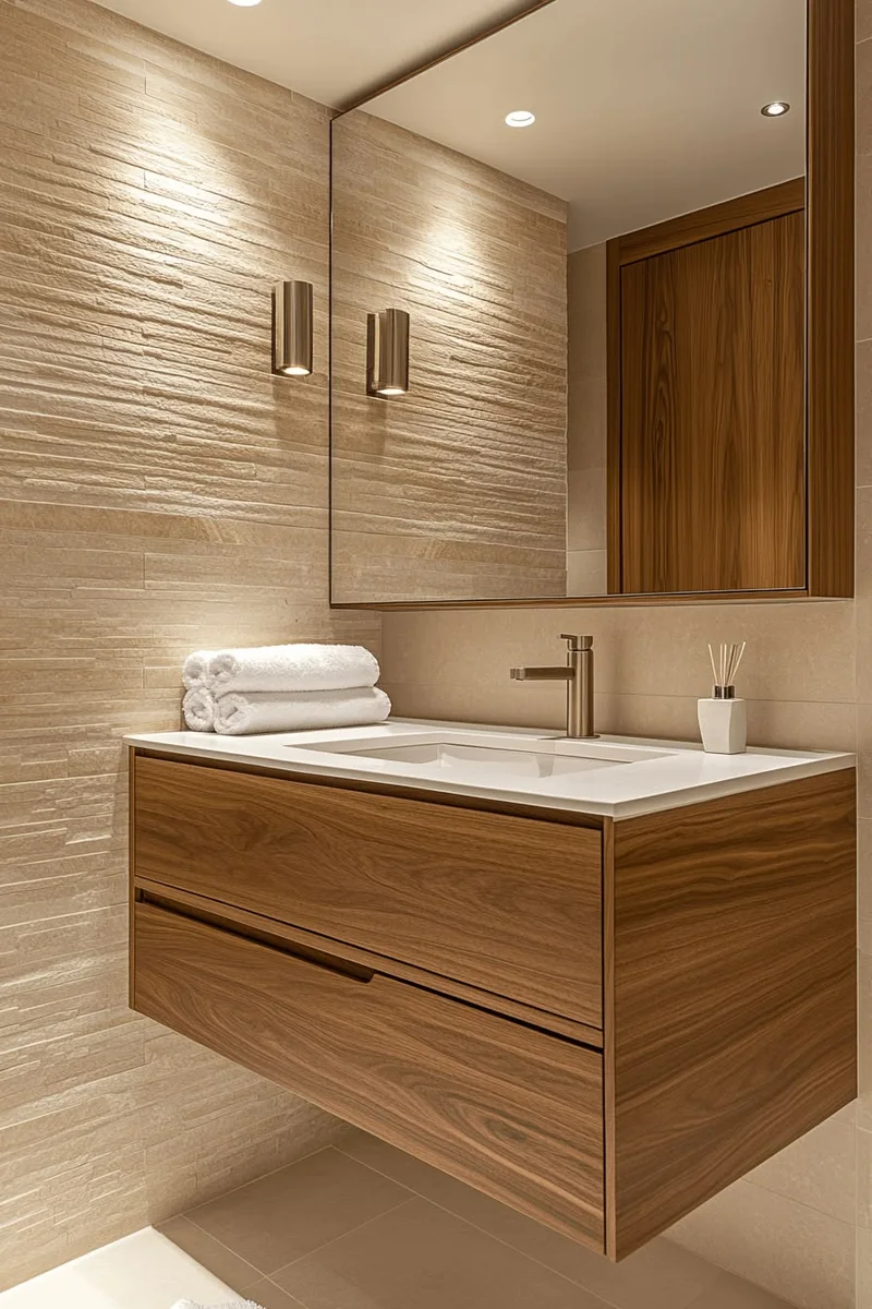 Meuble de salle de bain en bois avec vasque blanche